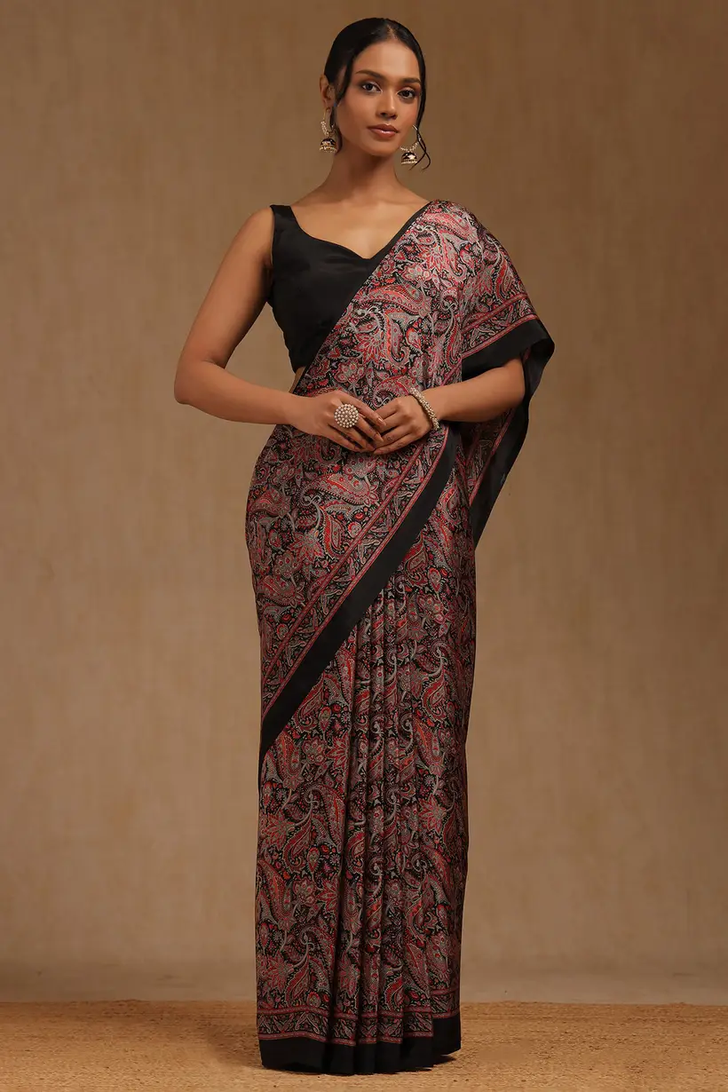 Black Crepe Paisley Print Saree